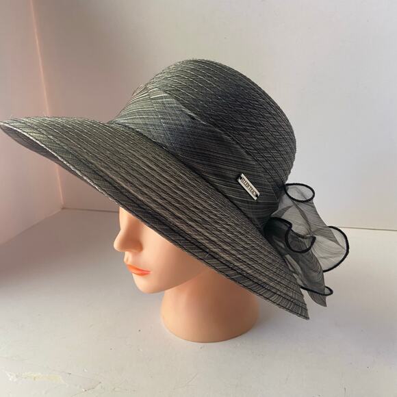 Ellen Tracy Hat Bow Wide Brim Sun Church Funeral Bow Women Fancy Lace - Picture 1 of 10